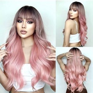 Pink Wigs for Women, Long Wavy Curly Wigs, No Lace Colored Wig new 24 in